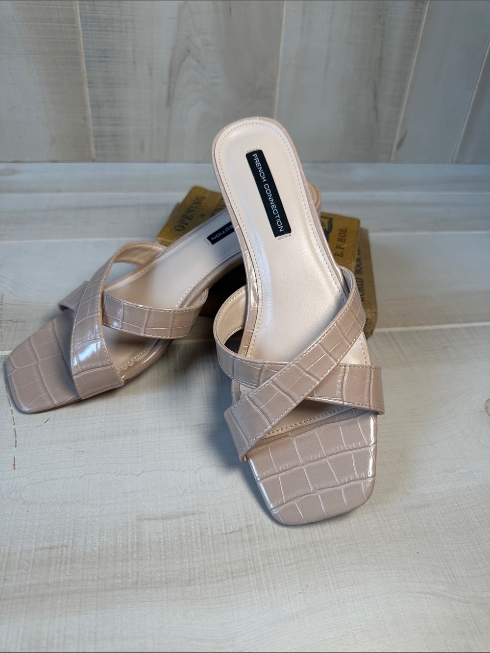 French Connection Krissy Block Heel Beige Croc-Embossed Slide Mules